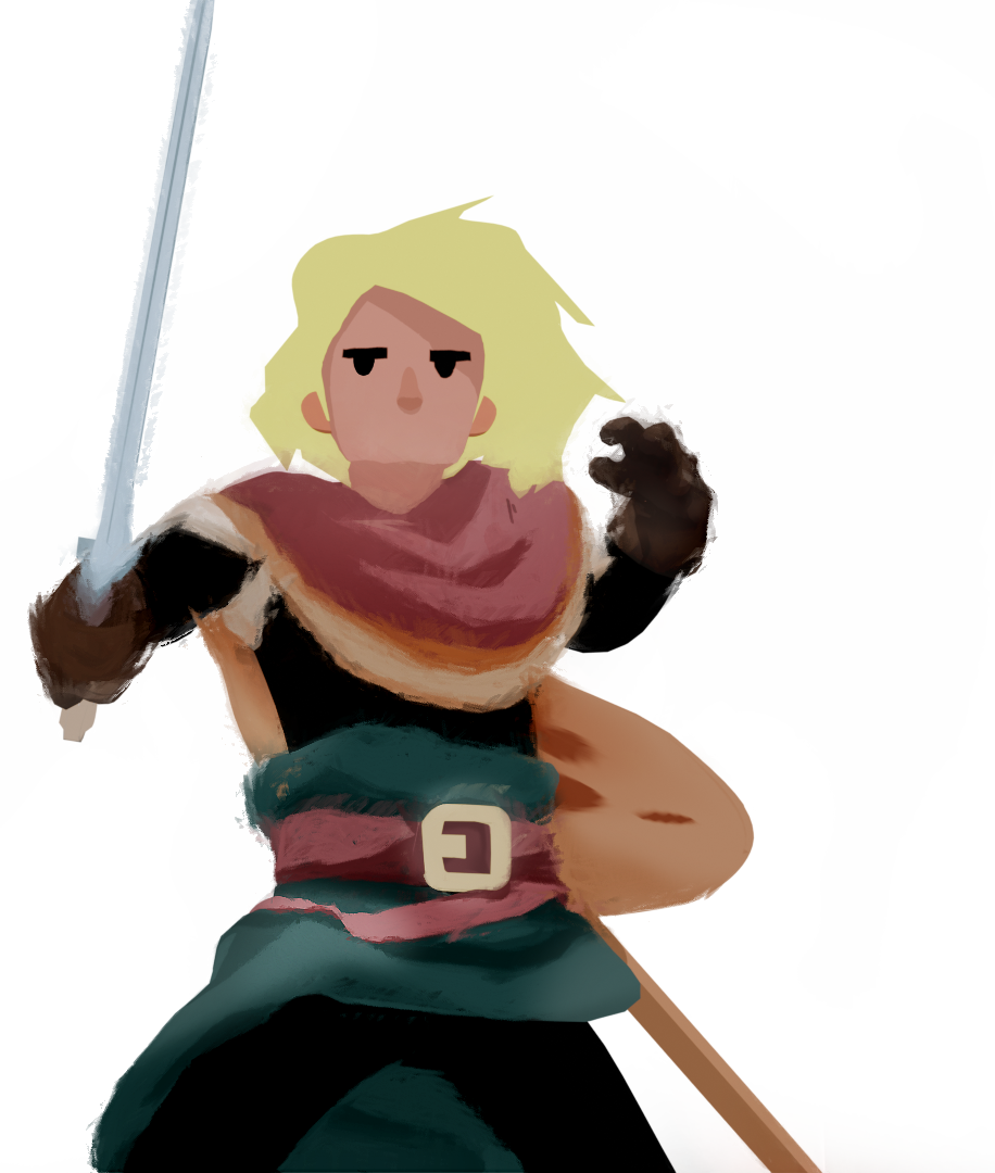 Exordium's hero: a blond warrior raising a blade, ready to slay the blank page.