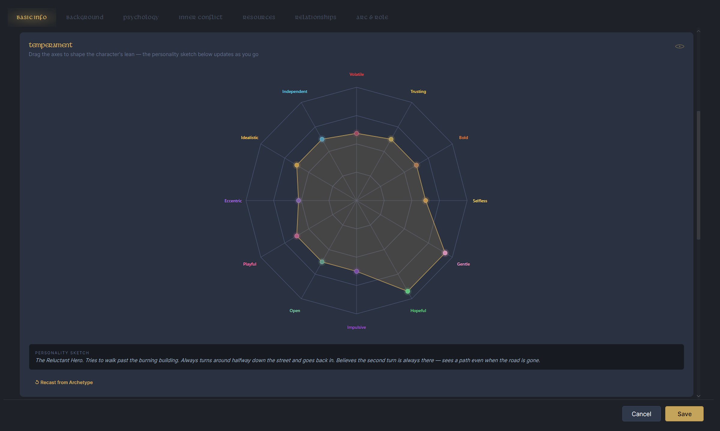 Character builder, Basic Info tab: name, identity and the essentials.