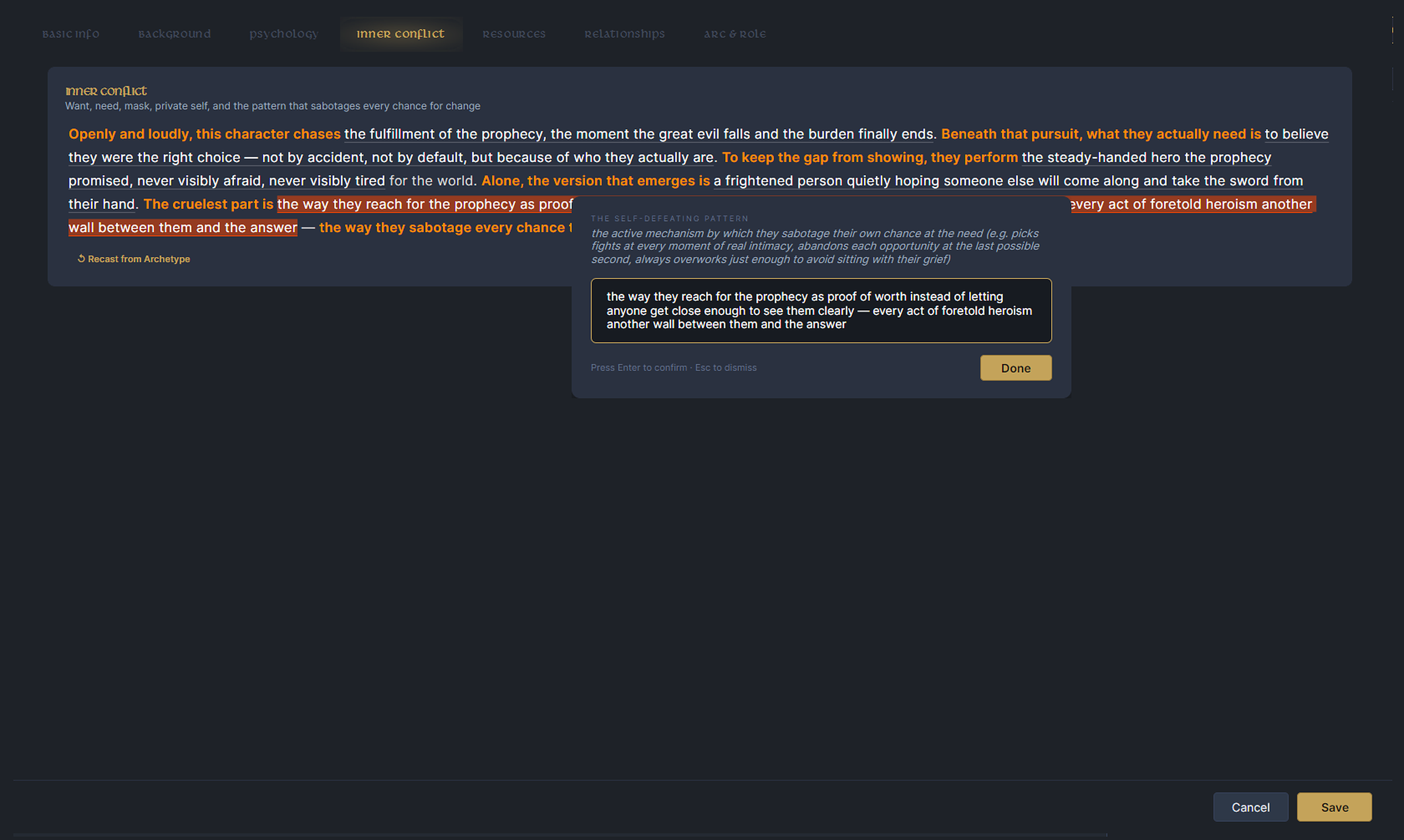 Character builder, Inner Conflict tab: the wound, the lie they believe, desire versus need.