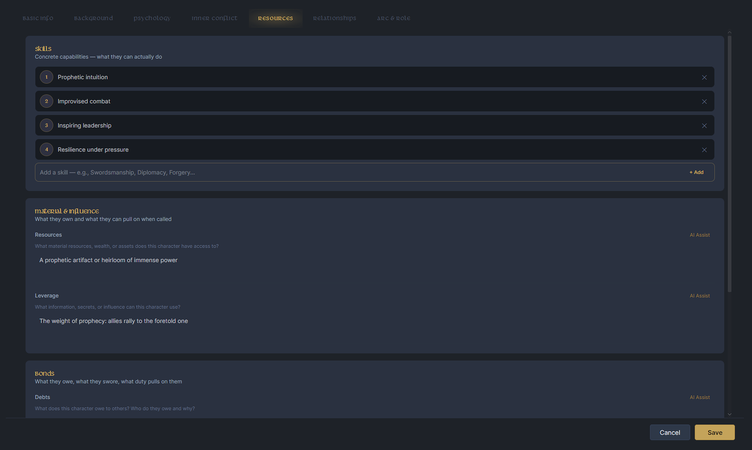 Character builder, Resources tab: what the character has to work with.