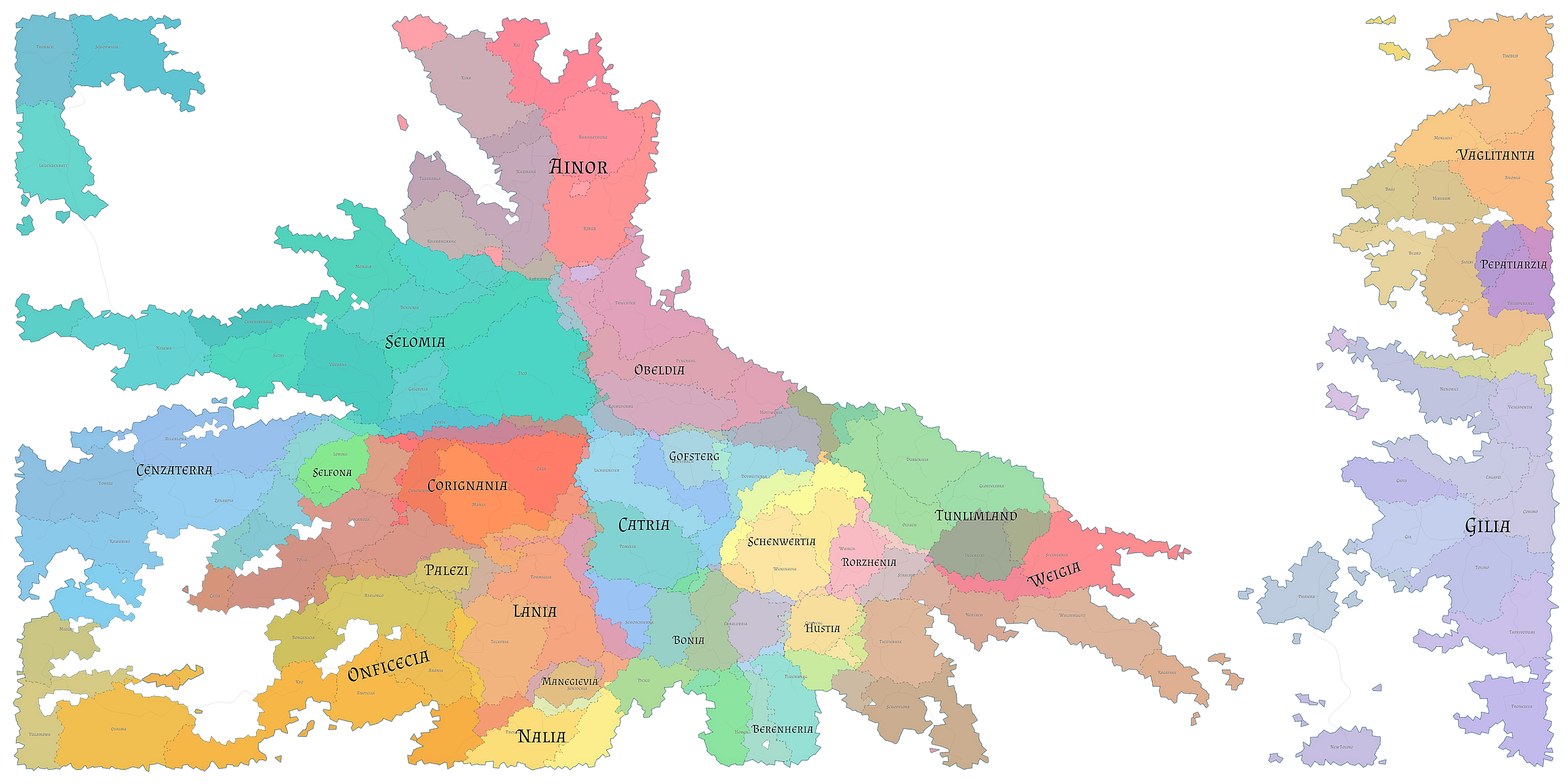 A generated fantasy world map: dozens of named nations and their provinces, each region coloured by its political entity.