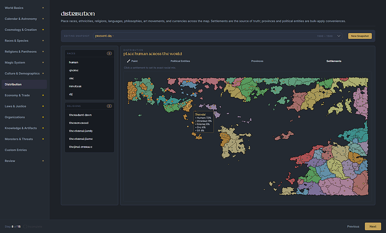 Distribution: painting races and religions across the world map per settlement.