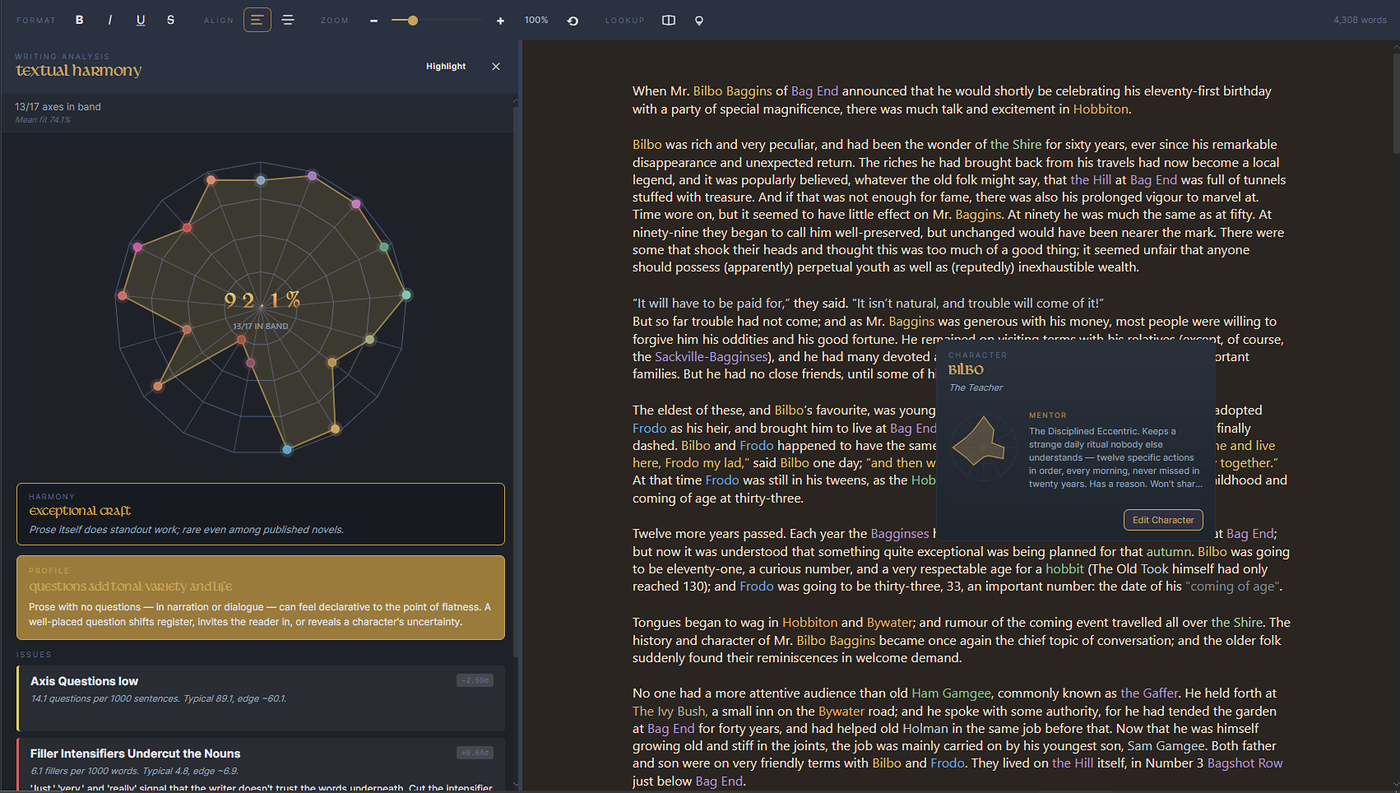 The Exordium editor: a manuscript with entity-aware highlighting and a character card on hover (Bilbo, a Mentor), beside the Textual Harmony analysis panel, a radar scoring the prose at 92.1%, a craft verdict, and specific issues to fix.